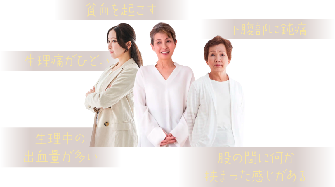 貧血を起こす、生理痛がひどい、生理中の出血量が多い、股の間に何か挟まった感じがある、下腹部に鈍痛